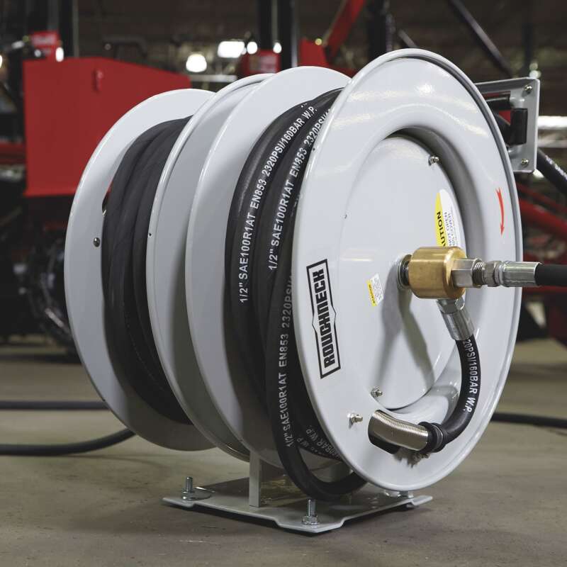 Roughneck Dual Grease Oil Hose Reel with 50ft Hoses 1/4in x 50ft Grease Hose 1/2in x 50ft Oil Hose