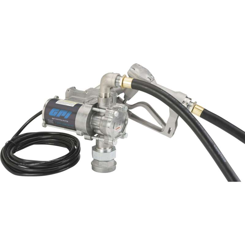 GPI EZ 8 12V Fuel Transfer Pump with Spin Collar 8 GPM Ethanol Capable Manual Nozzle Hose