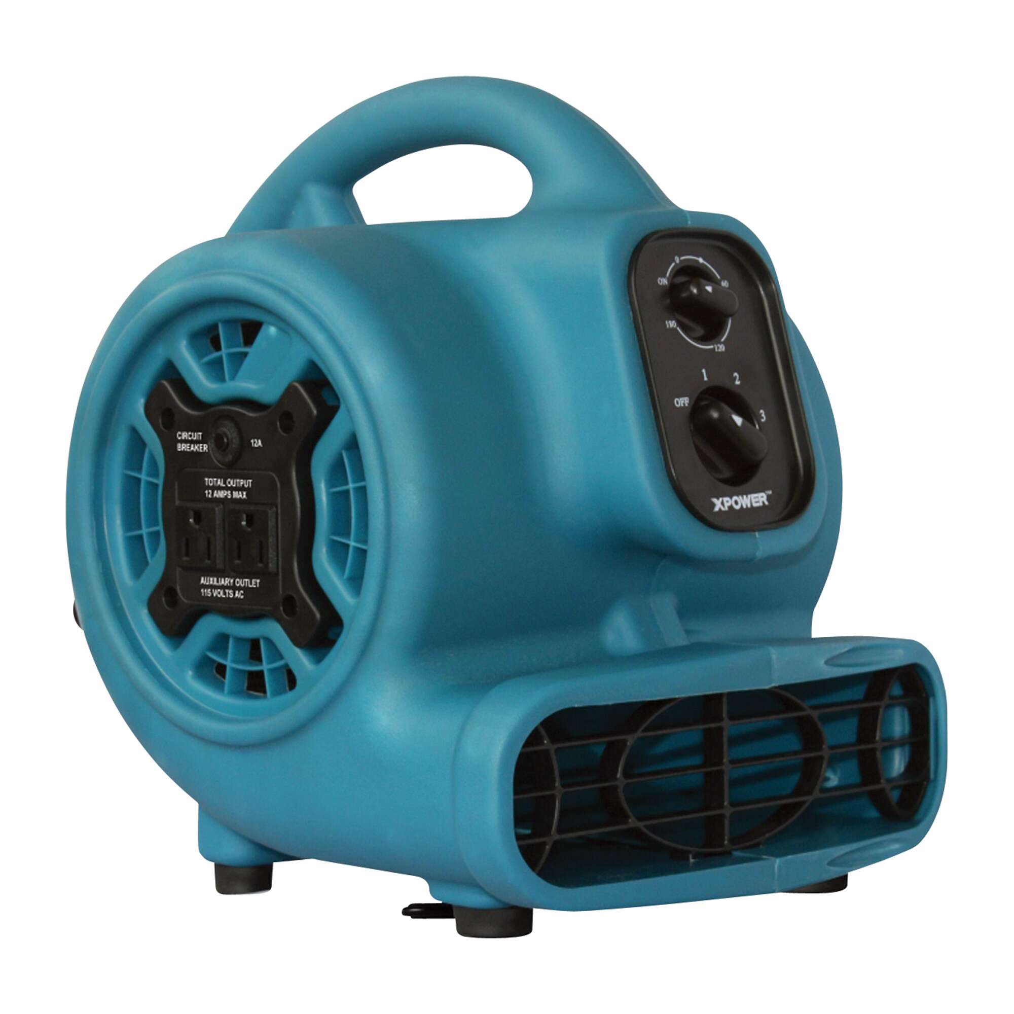 XPOWER P 230AT 1/5 HP 925 CFM Multi Purpose Mini Mighty Air Mover Utility Fan Dryer Blower with Built in Power Outlets and Timer Blue