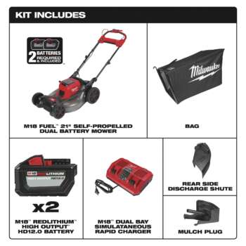 Milwaukee M18 FUEL Self Propelled Dual Battery Cordless Lawn Mower Kit 21in Deck Includes Two 12.0 Ah Battery Packs and M18 Dual Bay Rapid Charger