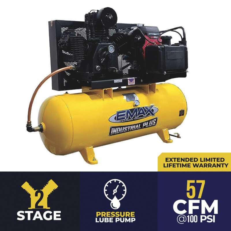 EMAX Industrial Plus Gas Powered 2 Stage Air Compressor 24 HP Honda GX Engine 120Gallon Horizontal