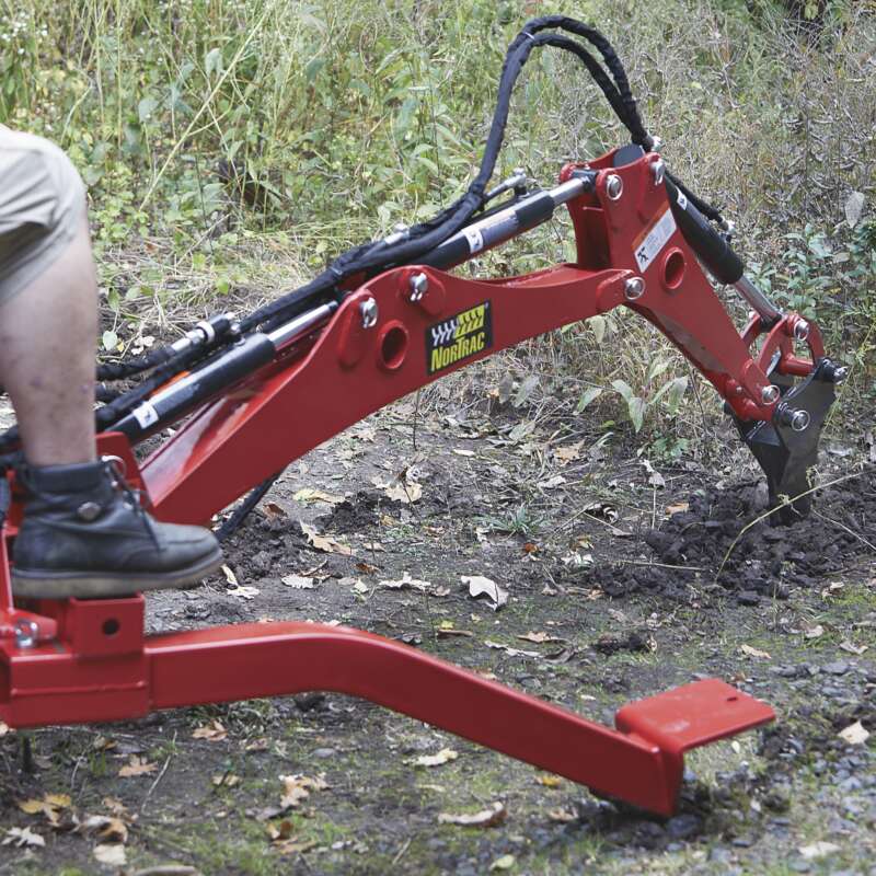 Fits 15 HP NorTrac towable trencher (Item# 985619, sold separately) 7 11/16in.L x 10 11/16in.W x 28 3/8in.H Solid, durable iron construction Ideal for breaking up soil and other digging projects Center distance of two assembly holes: 7 3/32in. (180mm)