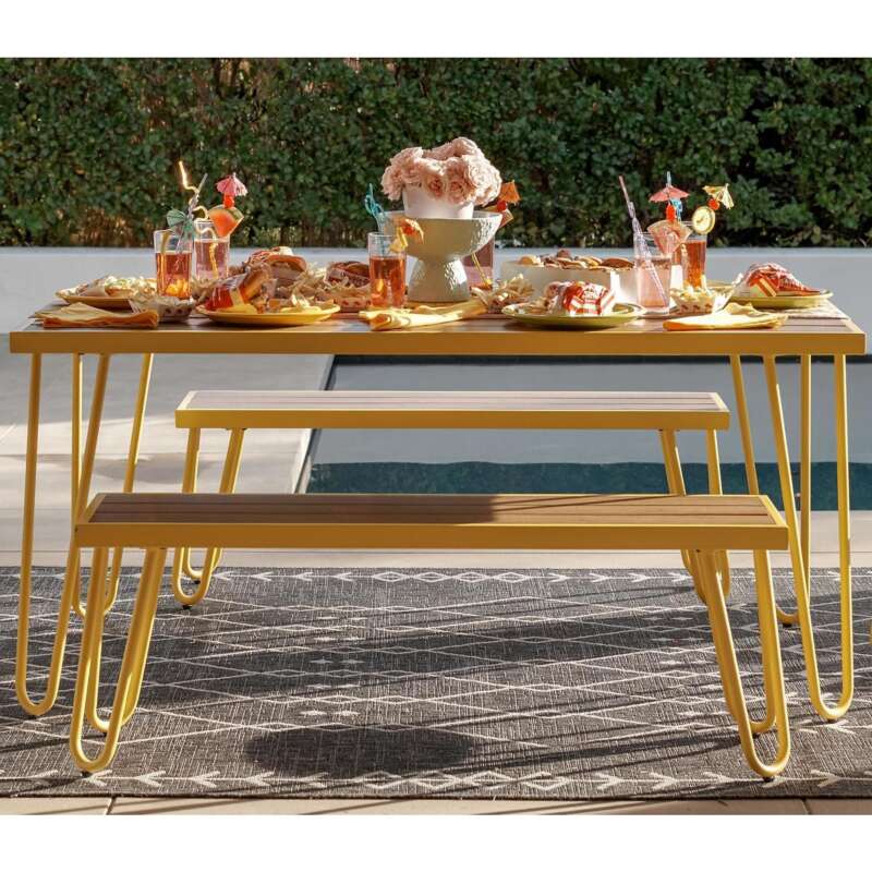 Novogratz Outdoor Indoor 5ft Table and Bench Set Yellow Pieces qty 3 Primary Color Yellow Seating Capacity 4