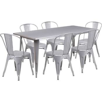 Flash Furniture 63in L x 31.5inW Metal Table and 6Pc Chair Set