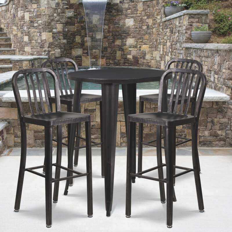 Flash Furniture 5Pc Metal Bar Set 30in Round x 41in H Table with 4 Industrial Style Barstools